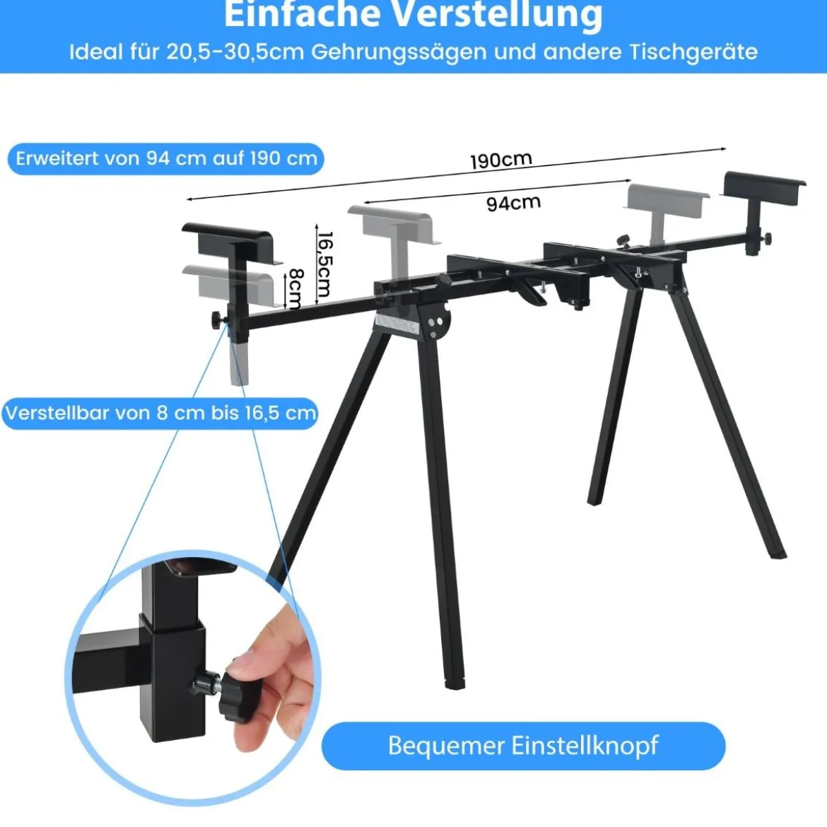 Klappbarer Gehrungssägenständer Universal-Sägeständer mit Ausziehbarer Länge 111 x 65 x 83–91,5 cm Schwarz