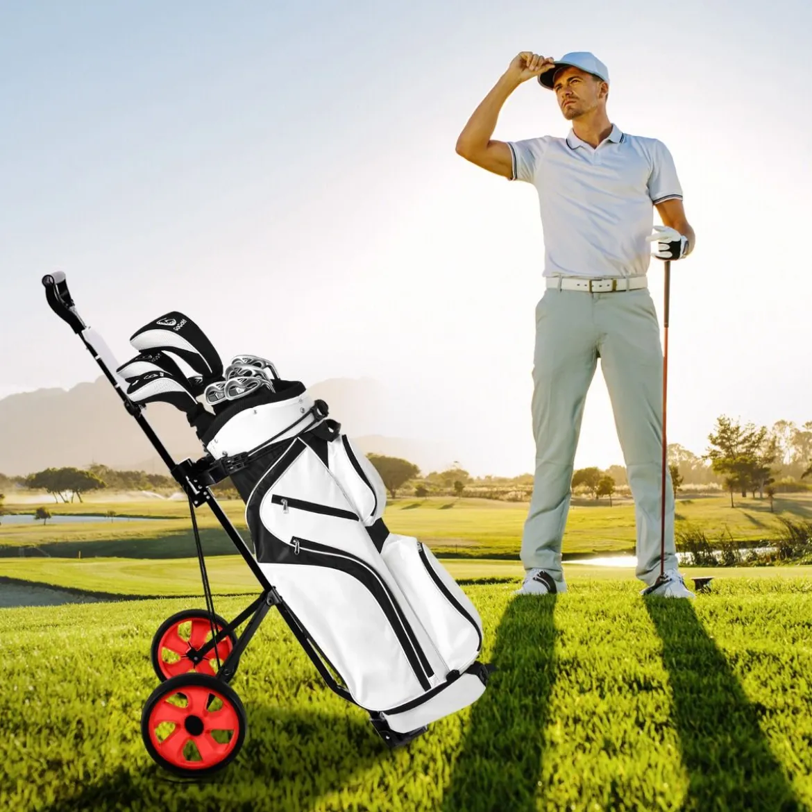 Klappbarer Golf Trolley aus Stahl mit Scorecardhalter 2 Rad Golftrolley Golf Bag Push Cart