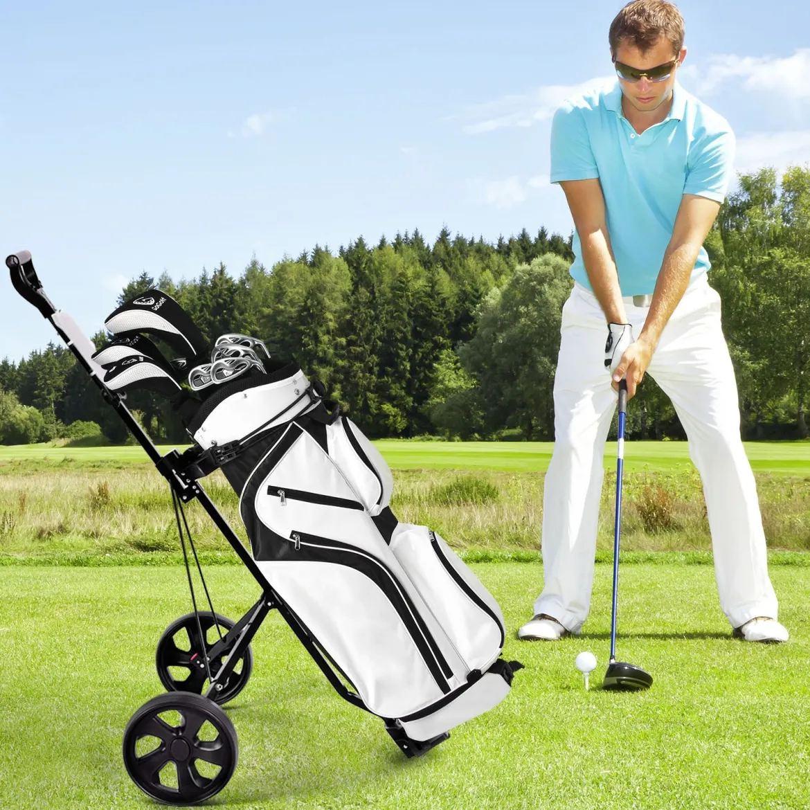 Klappbarer Golf Trolley aus Stahl mit Scorecardhalter 2 Rad Golftrolley Golf Bag Push Cart