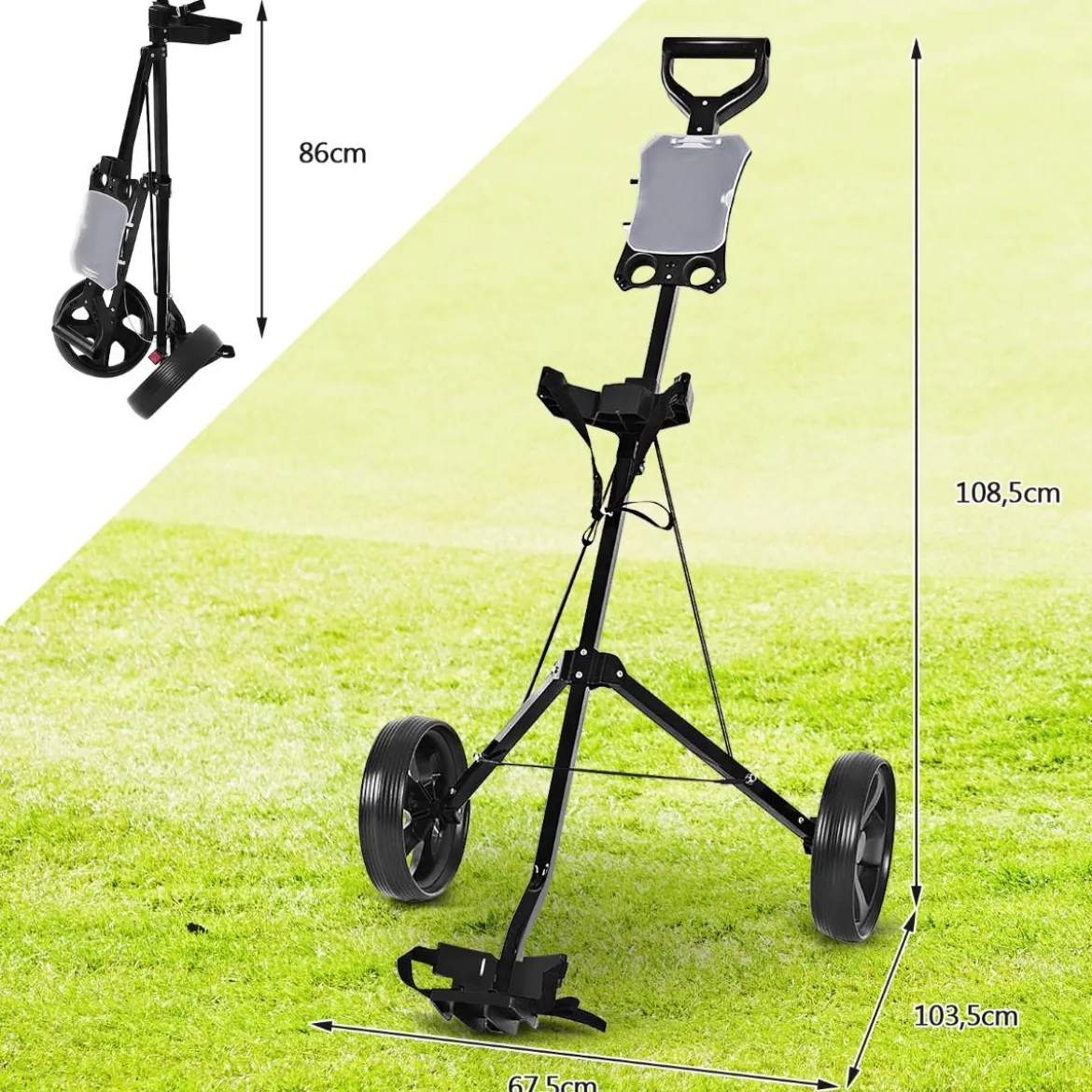 Klappbarer Golf Trolley aus Stahl mit Scorecardhalter 2 Rad Golftrolley Golf Bag Push Cart