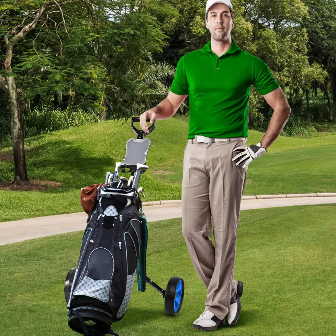 Klappbarer Golf Trolley aus Stahl mit Scorecardhalter 2 Rad Golftrolley Golf Bag Push Cart