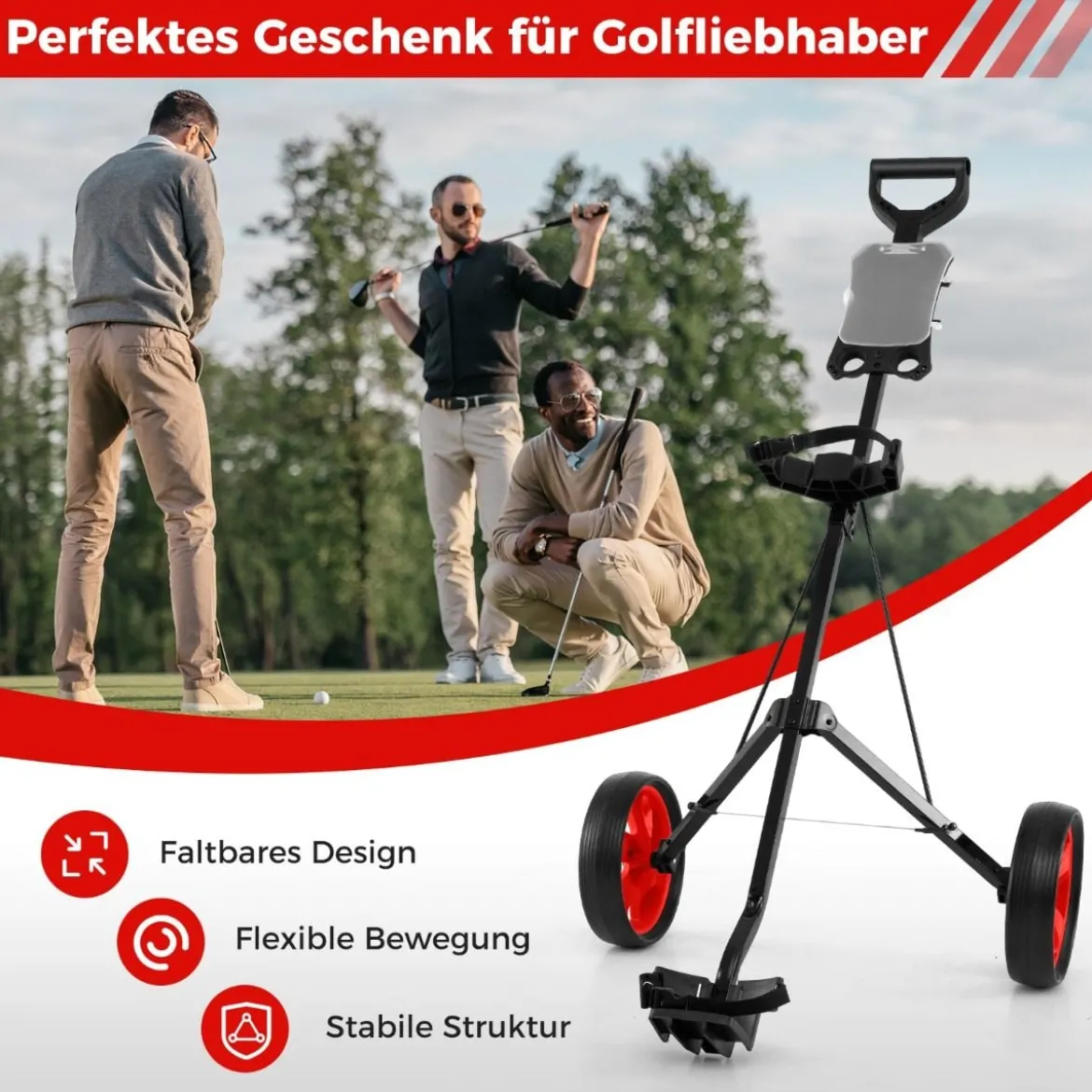 Klappbarer Golf Trolley aus Stahl mit Scorecardhalter 2 Rad Golftrolley Golf Bag Push Cart