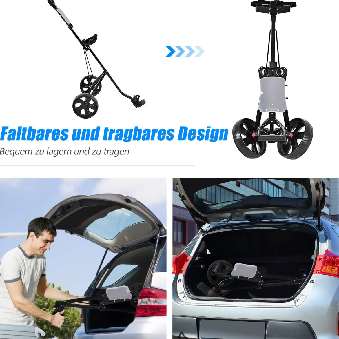 Klappbarer Golf Trolley aus Stahl mit Scorecardhalter 2 Rad Golftrolley Golf Bag Push Cart