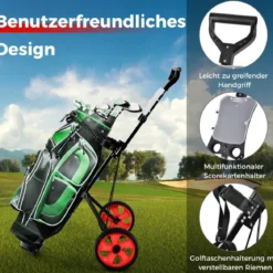 Klappbarer Golf Trolley aus Stahl mit Scorecardhalter 2 Rad Golftrolley Golf Bag Push Cart