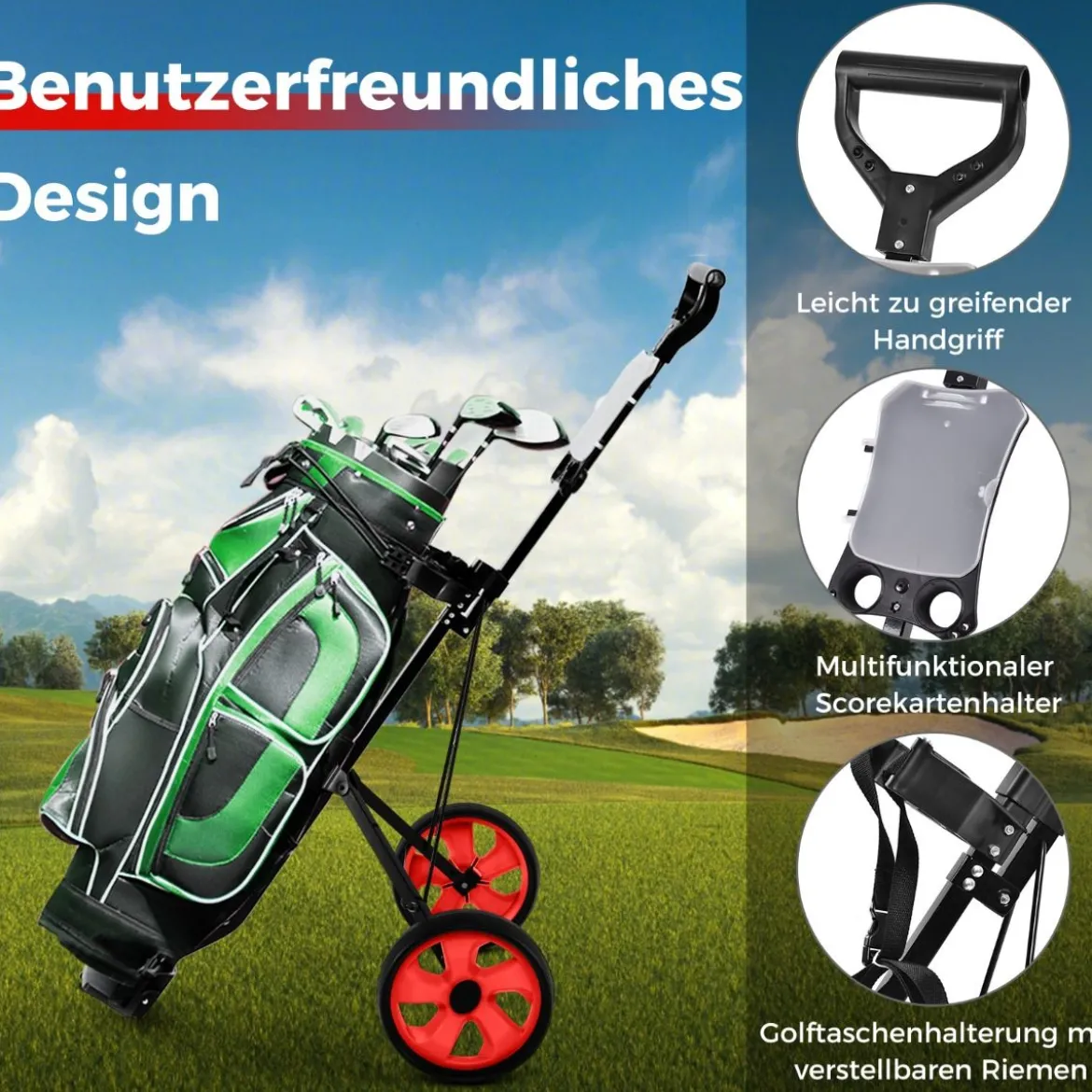 Klappbarer Golf Trolley aus Stahl mit Scorecardhalter 2 Rad Golftrolley Golf Bag Push Cart