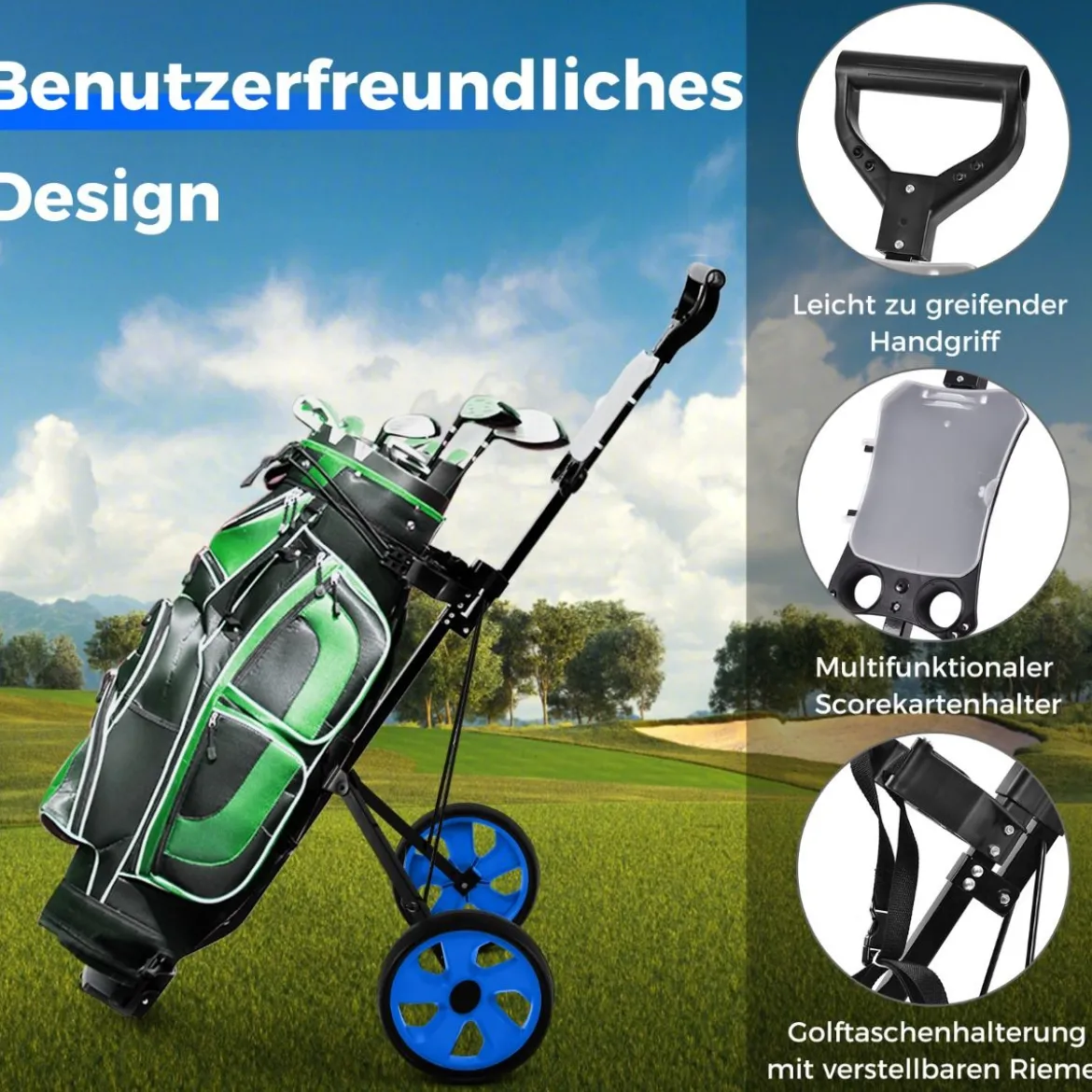 Klappbarer Golf Trolley aus Stahl mit Scorecardhalter 2 Rad Golftrolley Golf Bag Push Cart