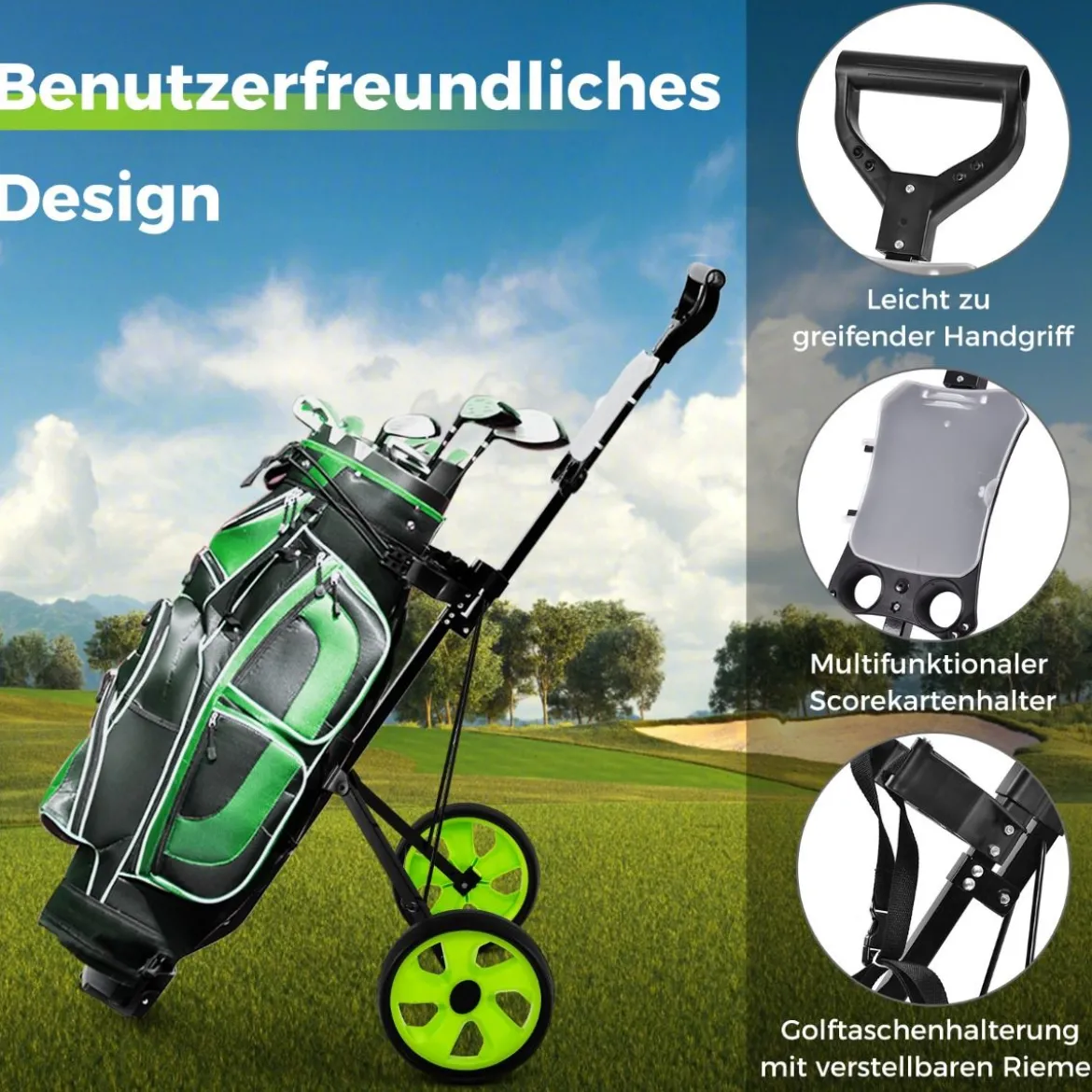 Klappbarer Golf Trolley aus Stahl mit Scorecardhalter 2 Rad Golftrolley Golf Bag Push Cart