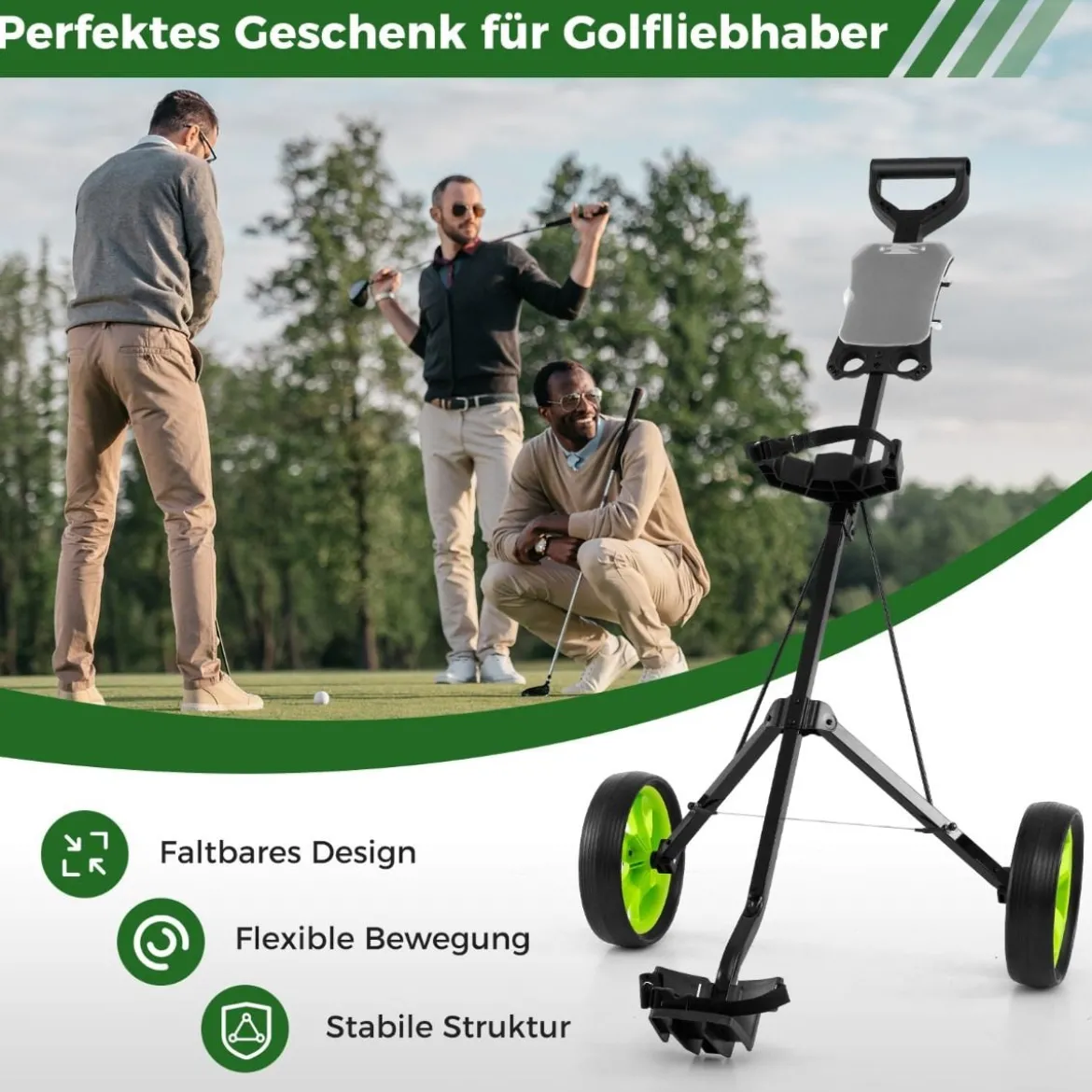 Klappbarer Golf Trolley aus Stahl mit Scorecardhalter 2 Rad Golftrolley Golf Bag Push Cart