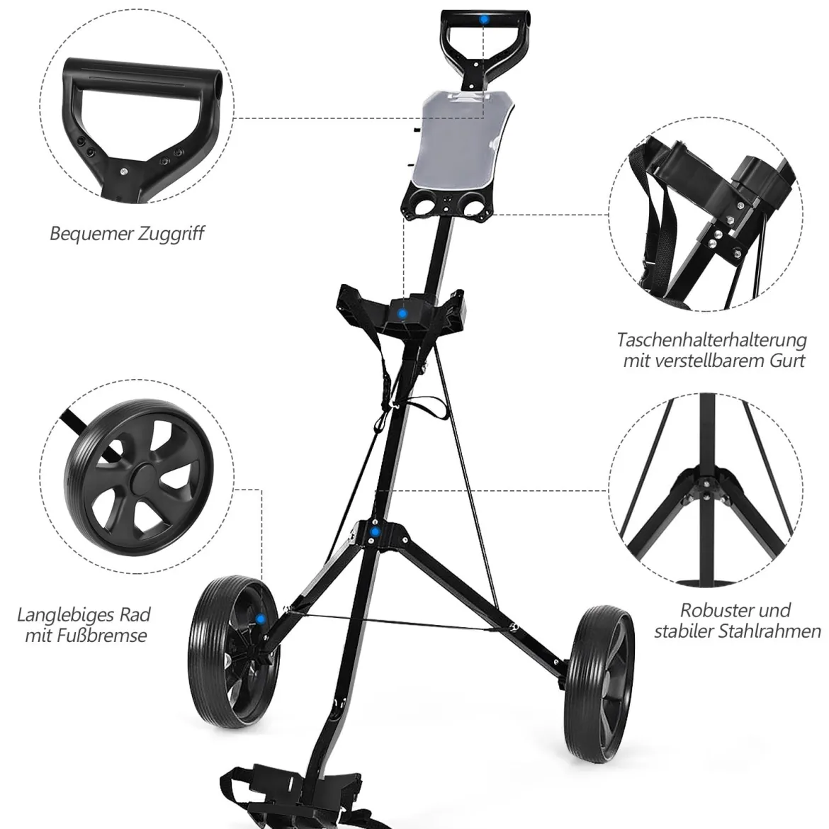 Klappbarer Golf Trolley aus Stahl mit Scorecardhalter 2 Rad Golftrolley Golf Bag Push Cart