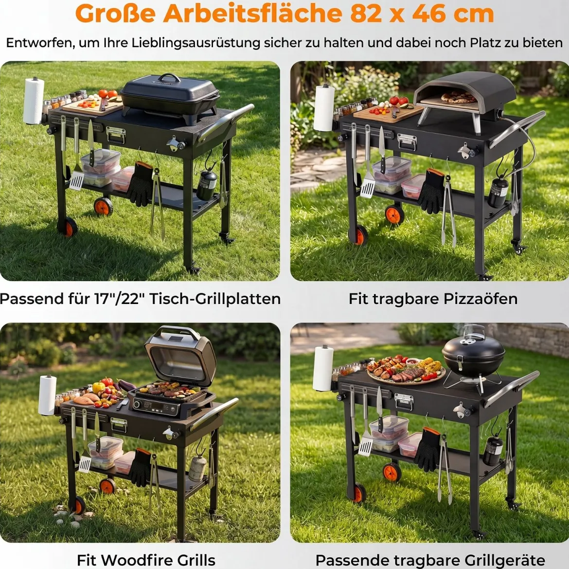 Klappbarer Grillwagen 82 x 46 cm Tragbarer Grilltisch mit Rollen Arbeitsfläche & Hitzeschutzmatte