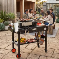Klappbarer Grillwagen 82 x 46 cm Tragbarer Grilltisch mit Rollen Arbeitsfläche & Hitzeschutzmatte
