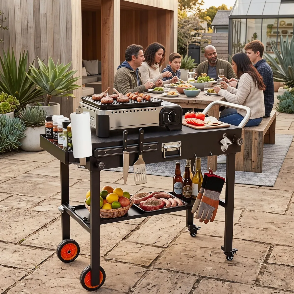 Klappbarer Grillwagen 82 x 46 cm Tragbarer Grilltisch mit Rollen Arbeitsfläche & Hitzeschutzmatte