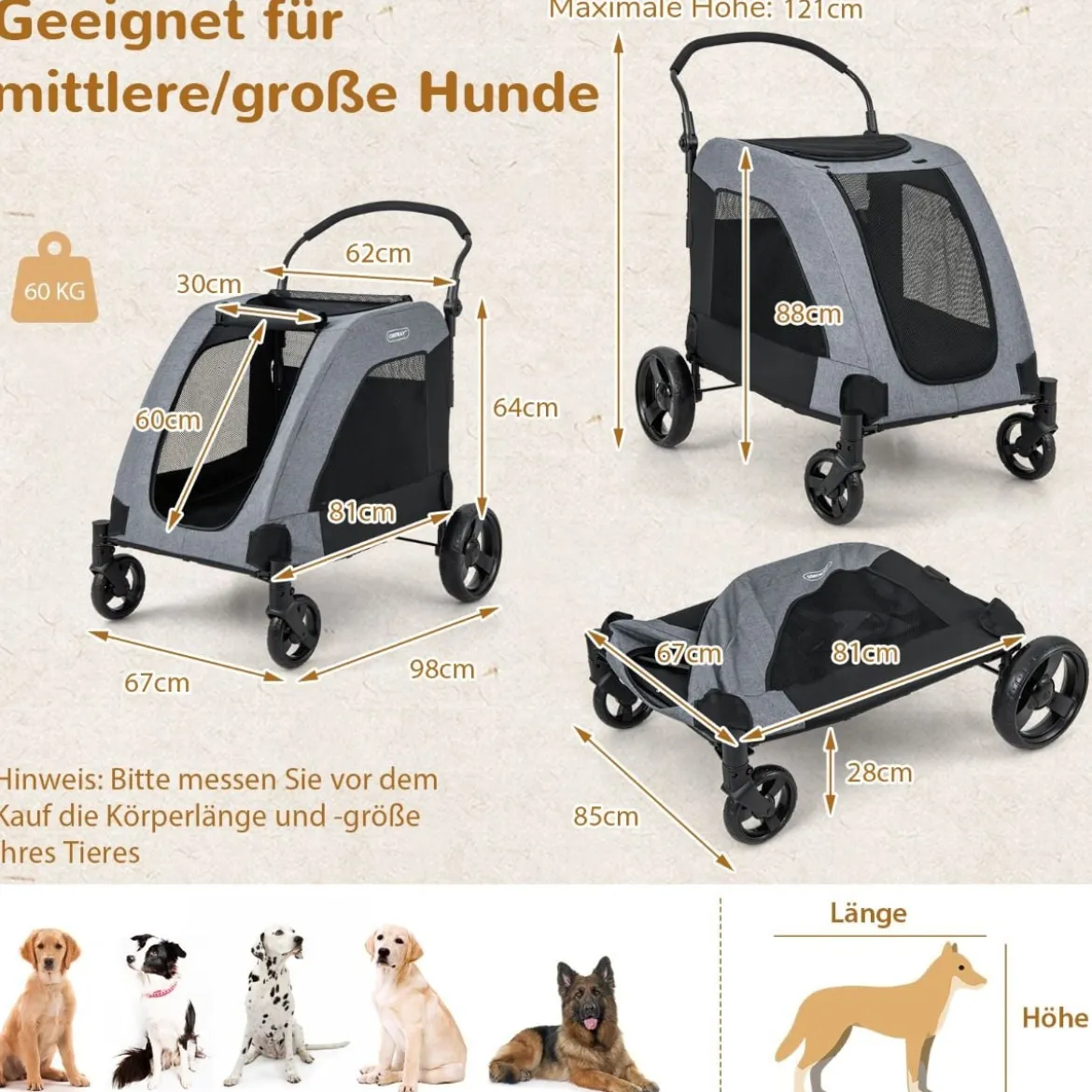 Klappbarer Haustierwagen mit Vordertür & Dachfenster & Verstellbarem Griff Belastbar bis 60 kg67 x 98 x 88 cm