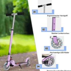 Klappbarer Höhenverstellbarer Kinder Scooter mit 2 blinkenden Räder für Kinder ab 4 Jahre Lila