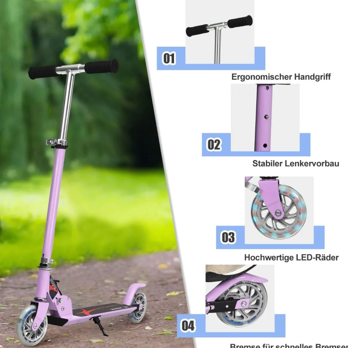 Klappbarer Höhenverstellbarer Kinder Scooter mit 2 blinkenden Räder für Kinder ab 4 Jahre Lila