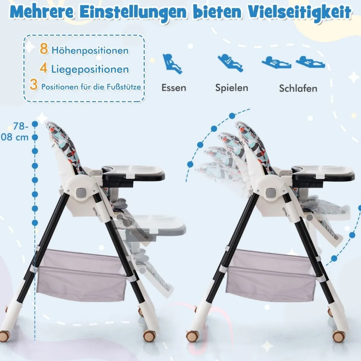 Klappbarer Hochstuhl mit Liegefunktion & Abnehmbarem Doppeltablett Geometrie