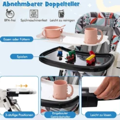 Klappbarer Hochstuhl mit Liegefunktion & Abnehmbarem Doppeltablett Geometrie