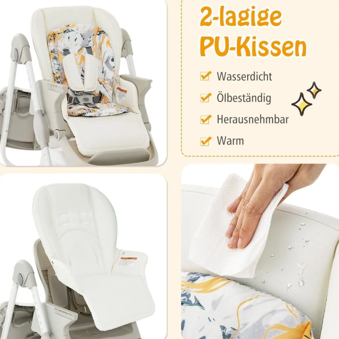 Klappbarer Hochstuhl mit Rädern & Verstellbarer Höhe & Fußstütze & Rückenlehne Babysitz Weiß
