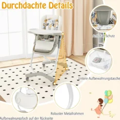 Klappbarer Hochstuhl mit Rädern & Verstellbarer Höhe & Fußstütze & Rückenlehne Babysitz Weiß
