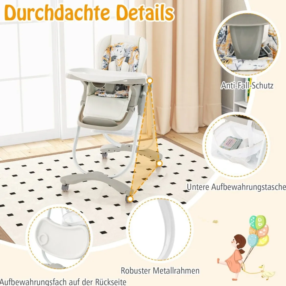 Klappbarer Hochstuhl mit Rädern & Verstellbarer Höhe & Fußstütze & Rückenlehne Babysitz Weiß