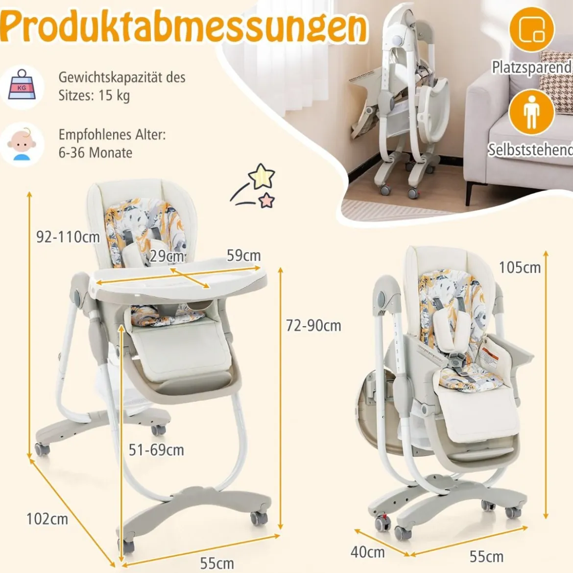Klappbarer Hochstuhl mit Rädern & Verstellbarer Höhe & Fußstütze & Rückenlehne Babysitz Weiß