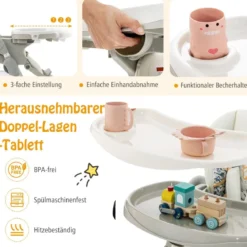 Klappbarer Hochstuhl mit Rädern & Verstellbarer Höhe & Fußstütze & Rückenlehne Babysitz Weiß