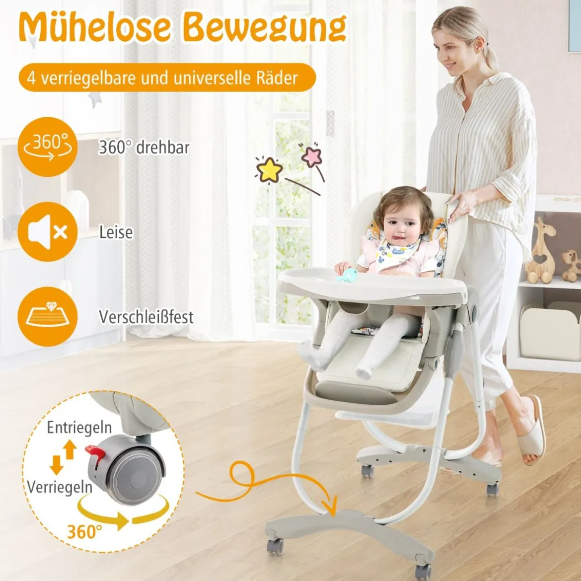 Klappbarer Hochstuhl mit Rädern & Verstellbarer Höhe & Fußstütze & Rückenlehne Babysitz Weiß