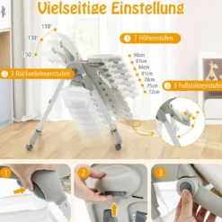 Klappbarer Hochstuhl mit Rädern & Verstellbarer Höhe & Fußstütze & Rückenlehne Babysitz Weiß