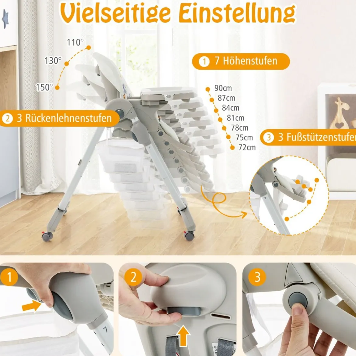 Klappbarer Hochstuhl mit Rädern & Verstellbarer Höhe & Fußstütze & Rückenlehne Babysitz Weiß