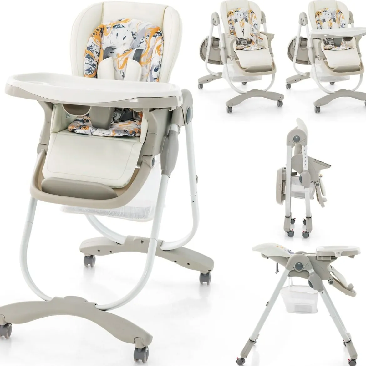 Klappbarer Hochstuhl mit Rädern & Verstellbarer Höhe & Fußstütze & Rückenlehne Babysitz Weiß