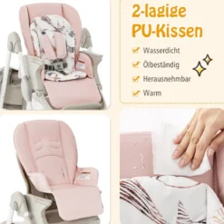 Klappbarer Hochstuhl mit Rädern & Verstellbarer Höhe & Fußstütze & Rückenlehne Babysitz Rosa