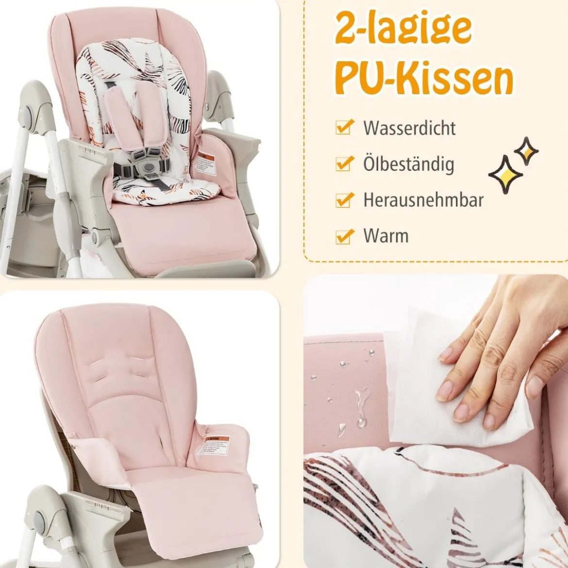 Klappbarer Hochstuhl mit Rädern & Verstellbarer Höhe & Fußstütze & Rückenlehne Babysitz Rosa