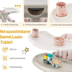 Klappbarer Hochstuhl mit Rädern & Verstellbarer Höhe & Fußstütze & Rückenlehne Babysitz Rosa