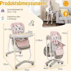 Klappbarer Hochstuhl mit Rädern & Verstellbarer Höhe & Fußstütze & Rückenlehne Babysitz Rosa