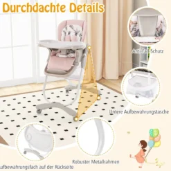 Klappbarer Hochstuhl mit Rädern & Verstellbarer Höhe & Fußstütze & Rückenlehne Babysitz Rosa