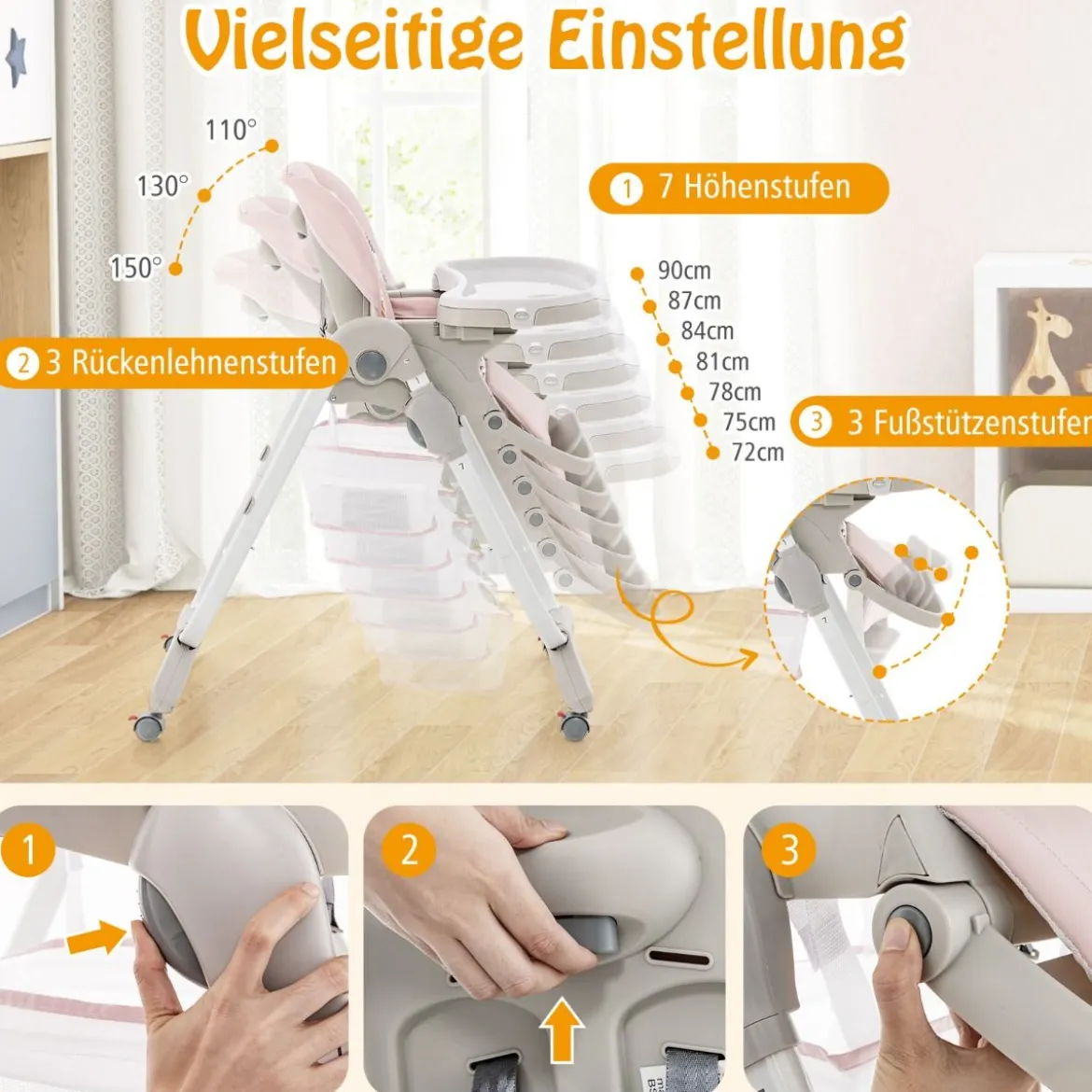 Klappbarer Hochstuhl mit Rädern & Verstellbarer Höhe & Fußstütze & Rückenlehne Babysitz Rosa