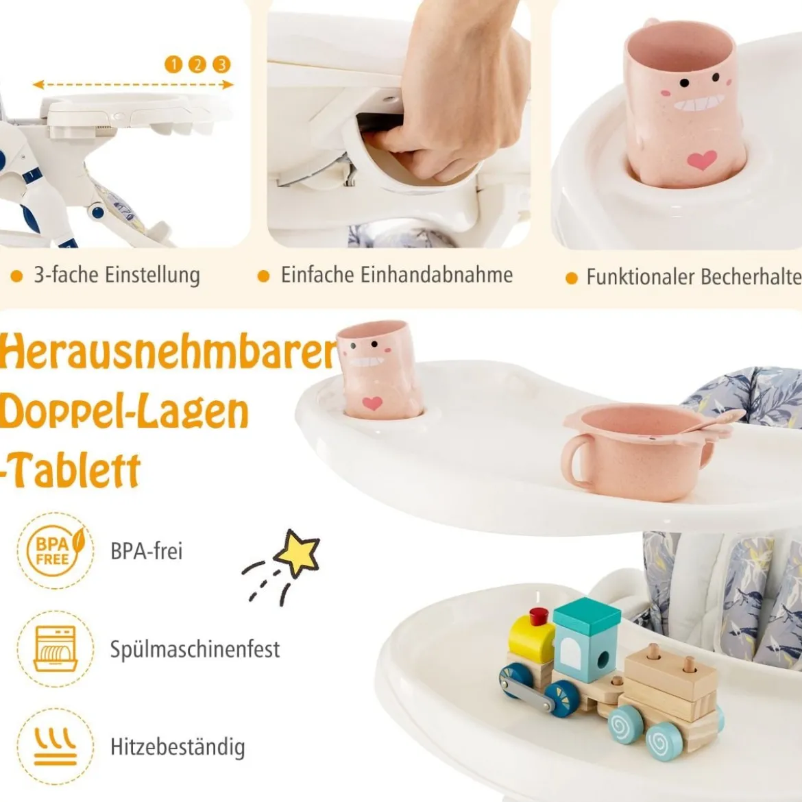 Klappbarer Hochstuhl mit Rädern & Verstellbarer Höhe & Fußstütze & Rückenlehne Babysitz Marineblau