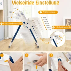 Klappbarer Hochstuhl mit Rädern & Verstellbarer Höhe & Fußstütze & Rückenlehne Babysitz Marineblau