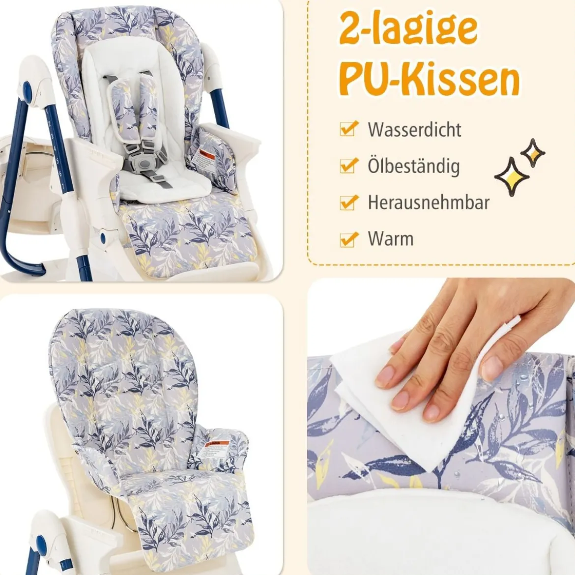 Klappbarer Hochstuhl mit Rädern & Verstellbarer Höhe & Fußstütze & Rückenlehne Babysitz Marineblau