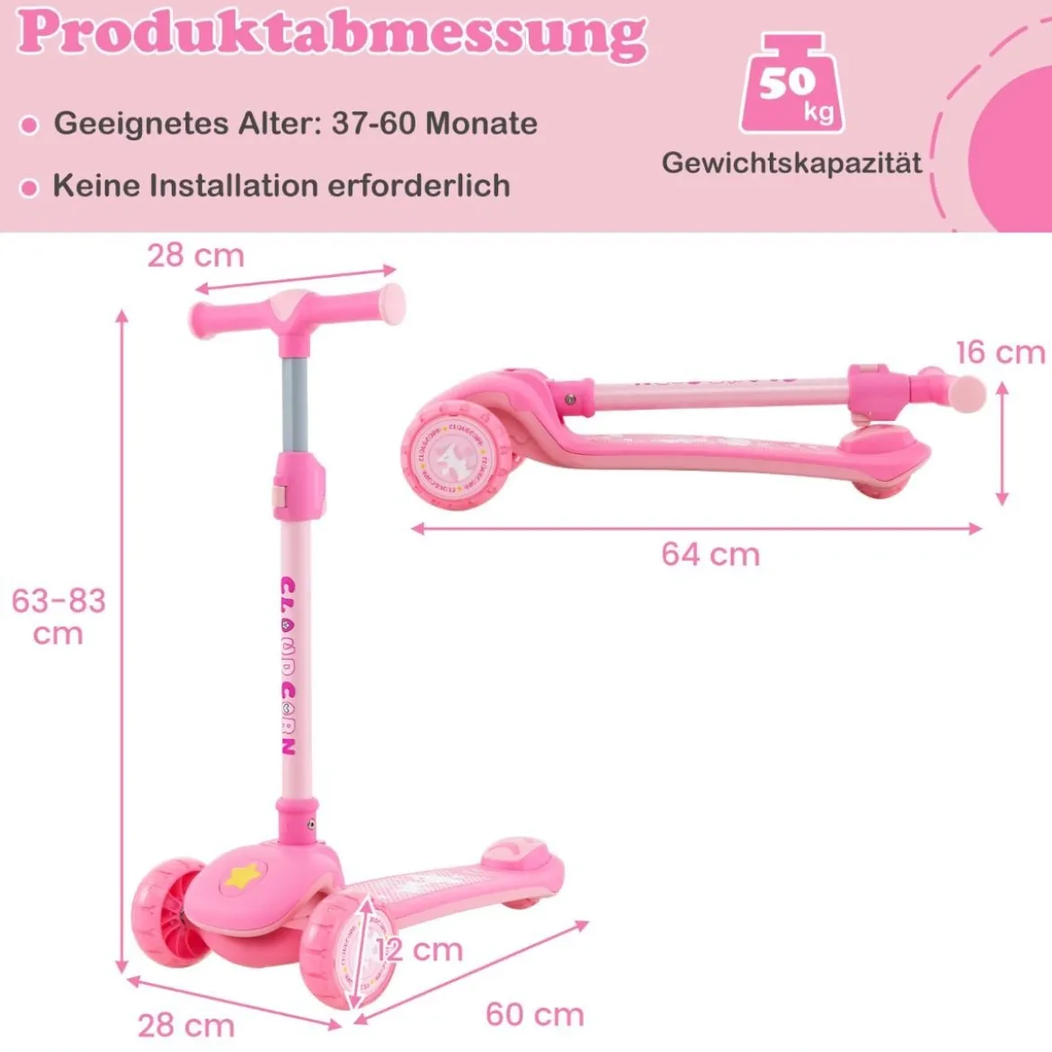 Klappbarer Kinder Roller mit PU LED Rädern & Hinterbremse Höhenverstellbarer Scooter Rosa