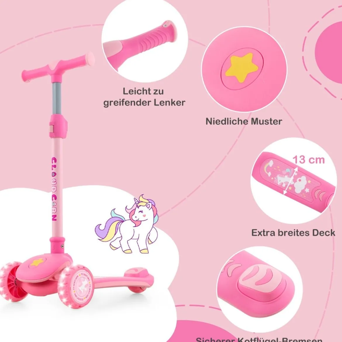Klappbarer Kinder Roller mit PU LED Rädern & Hinterbremse Höhenverstellbarer Scooter Rosa