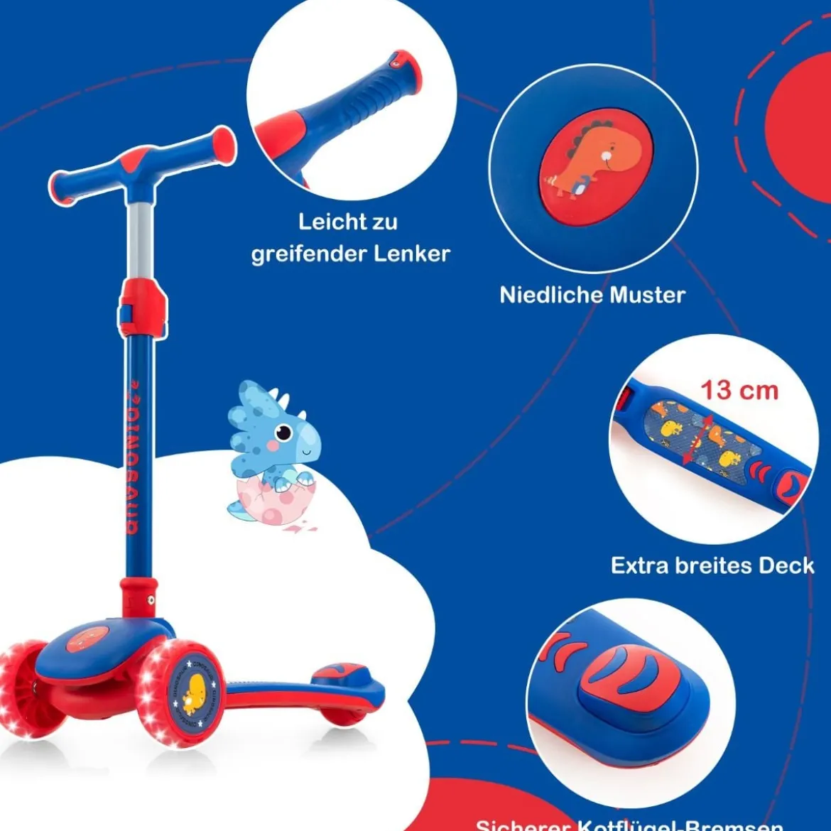 Klappbarer Kinder Roller mit PU LED Rädern & Hinterbremse Höhenverstellbarer Scooter Blau