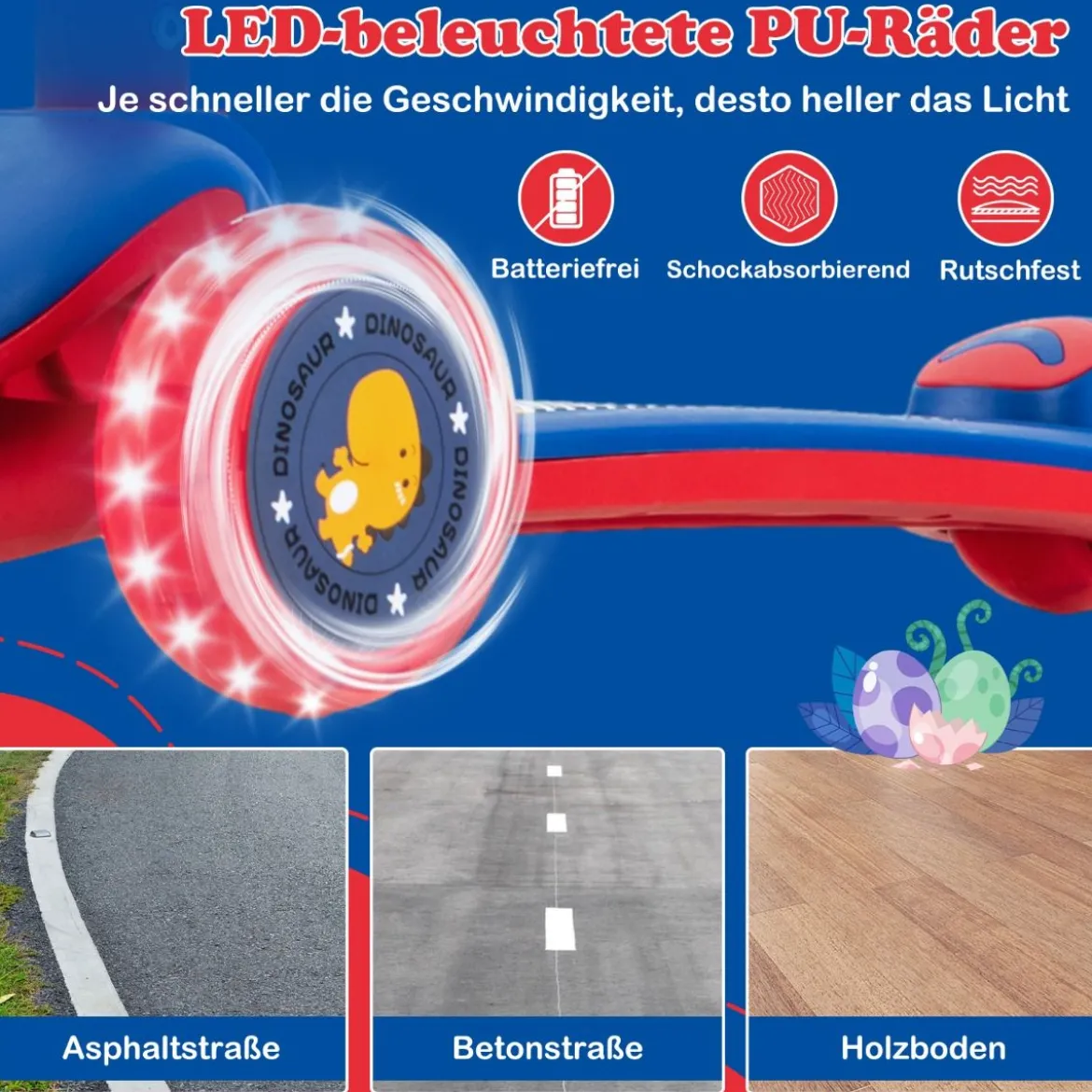 Klappbarer Kinder Roller mit PU LED Rädern & Hinterbremse Höhenverstellbarer Scooter Blau