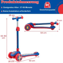 Klappbarer Kinder Roller mit PU LED Rädern & Hinterbremse Höhenverstellbarer Scooter Blau
