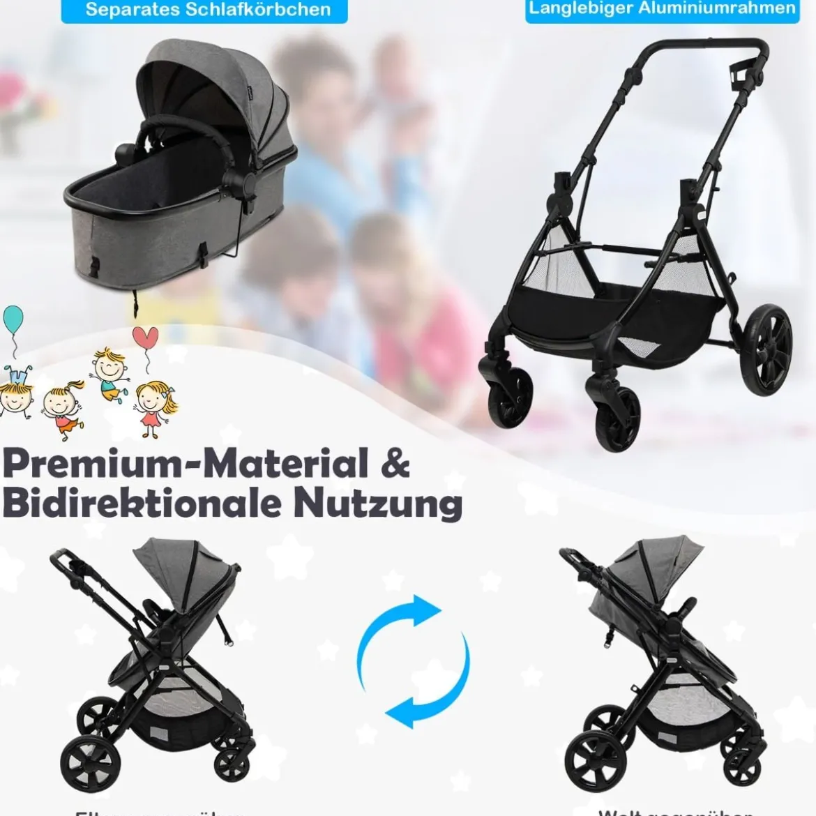 Klappbarer Kinderwagen mit Verstellbarem Verdeck & Aufbewahrungskorb Leichter Kinderbuggy