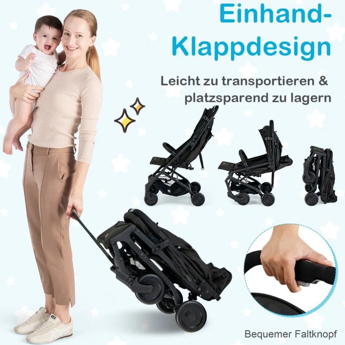 Klappbarer Kinderwagen Tragbarer Reisewagen für Kinder 79 x 47 x 97 cm Schwarz