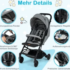 Klappbarer Kinderwagen Tragbarer Reisewagen für Kinder 79 x 47 x 97 cm Grau