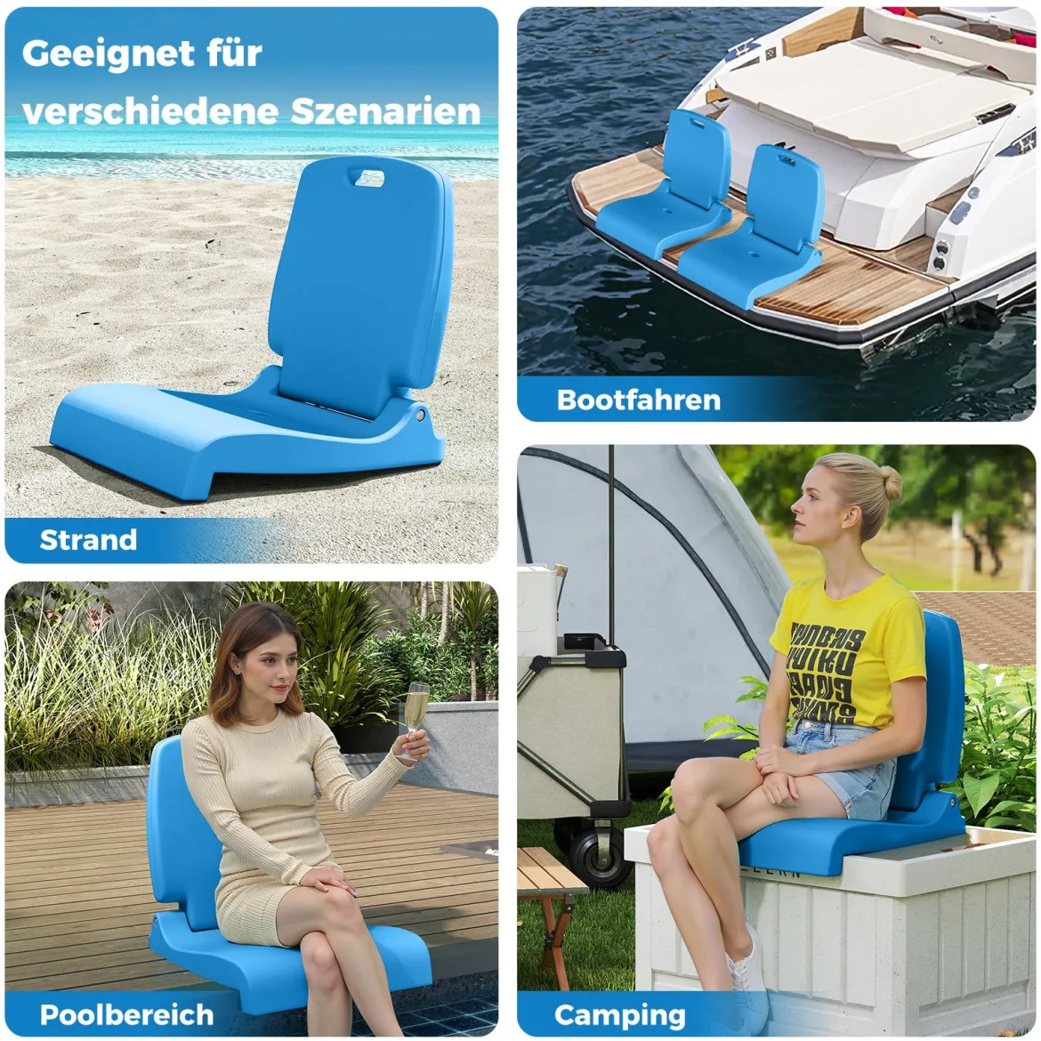 Klappbarer Klappsitz Tragbarer Outdoor-Stuhl mit Griff & Abflussloch Bodenstuhl Blau