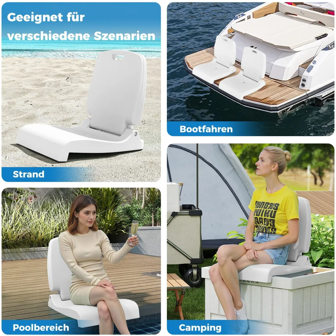 Klappbarer Klappsitz Tragbarer Outdoor-Stuhl mit Griff & Abflussloch Bodenstuhl Weiß