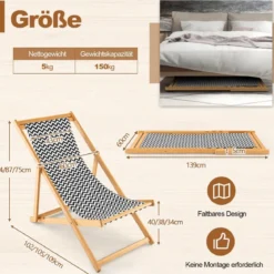 Klappbarer Liegestuhl aus Bambus mit Verstellbarer Rückenlehne Sling-Stuhl Natur